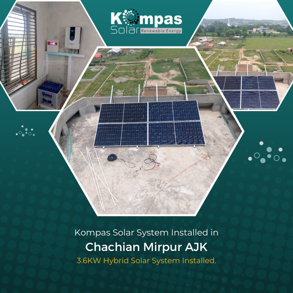 This captivating image showcases a cutting-edge 3.6KW Hybrid Solar System nestled in the picturesque landscape of Chachian Mirpur, AJK. The focal point of the image is the sleek and efficient solar panel array, glistening under the brilliant sun. These panels are a testament to sustainable energy generation, seamlessly integrating into the natural beauty of the region. The vibrant blue sky serves as the perfect backdrop, highlighting the environmentally friendly nature of the system. The solar panels, with their photovoltaic cells, harness the sun's energy to provide clean and renewable power to the surrounding area. In the foreground, there's a sense of harmony between technology and nature, as the solar panels coexist harmoniously with the lush greenery and serene surroundings. This image embodies progress in renewable energy, showcasing how innovative technology can help reduce carbon footprints and provide clean energy solutions in even the most remote areas. Overall, this image is a testament to the power of sustainable energy, capturing the essence of a 3.6KW Hybrid Solar System in Chachian Mirpur, AJK, as a beacon of hope for a greener and more environmentally conscious future.